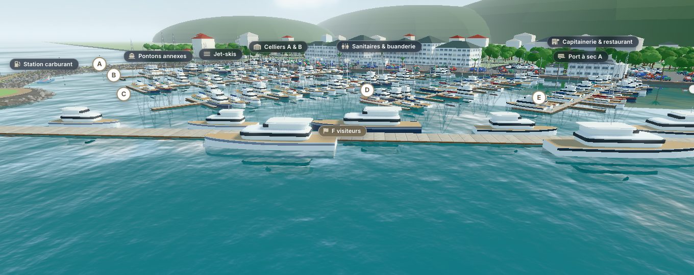 Rendu 3D du ponton visiteurs et des pontons de la marina